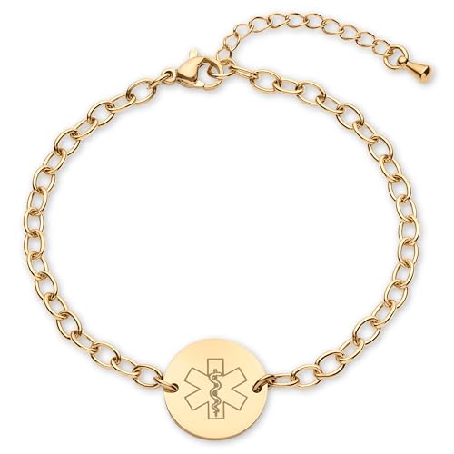 Medical Alert ID Bracelet for Women, Stylish Adjustable Customized Medic Jewelry 18k Gold Rose Silver, Personalized Engraving, Hypoallergenic, Waterproof, Includes Gift Box & Med ID Wallet Card
