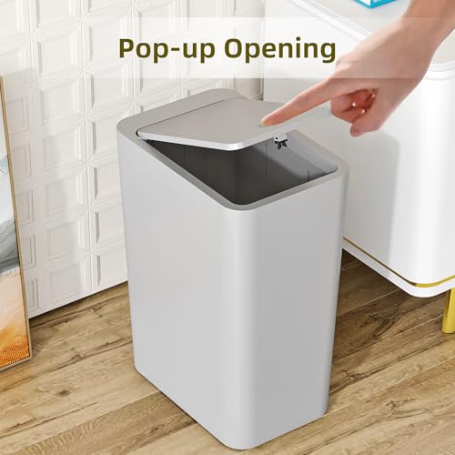 Image of 4 Gallon Bathroom Trash Can with Lid, 15 Liters Slim Garbage Can with Press Top, Dorm Room Small Trash Bin, Plastic Waste Basket for Bathroom, Office, Bedroom, Kitchen, Living Room, Laundry-Gray