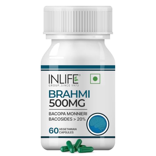 Image of INLIFE Brahmi Capsules 500mg, Bacopa Monnieri Bacosides >20%, Ayurvedic Nootropic Support for Memory & Focus, 60 Veg Capsules (Pack of 1)