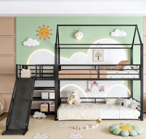 Image of Bellemave Metal Bunk beds Twin Over Twin with Slide and Storage Stairs, House Floor bunk Bed with guardrail for Kids,Black