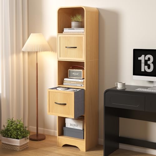 70 Tall Bookshelf Narrow Bookshelf with 2 Fabric Drawers Slim Narrow Bookcase for Small Spaces Adjustable Storage Bins&Curved Profile Design Modern Wooden Bookcase for Office Apartment Oak