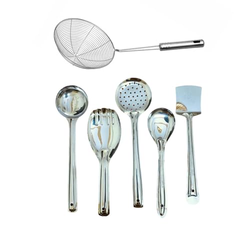 Image of Stainless Steel Cooking Spoons Set (6 Pieces) | Kitchen Cooking & Serving Utensils Set for Home, Restaurant & Daily Use