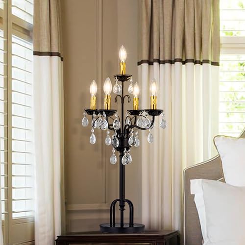TOCHIC Black Gold Crystal Table Lamp, 5-Light Modern Bedside Lamp