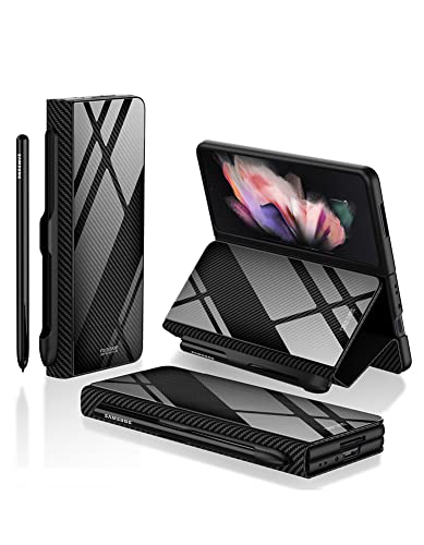 [New Update] KumWum Leather Case for Samsung Galaxy Z Fold 3 5G Full Body Cover Hinge Protection with S Pen Holder & Flip Folio Kickstand - Black Carbon Fiber Pattern