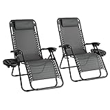 Straame Garden | Zero Gravity Chair | Set of 2 | Heavy Duty Textoline | Outdoor & Garden Sunloungers | Reclining & Folding Chair with Cup Holder and Headrest Pillow(Grey, Set of 2 Classic Chair) - Image 1