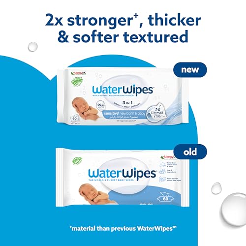 Image of WaterWipes Baby Wipes (Imported-Ireland) 1 pack (60 wipes), Plastic-Free Original World's purest Unscented, Made in Ireland, 99.9% Water Based Wipes, Unscented for Sensitive Skin, Certified by Allergy UK, National Eczema association, and Vegan Society