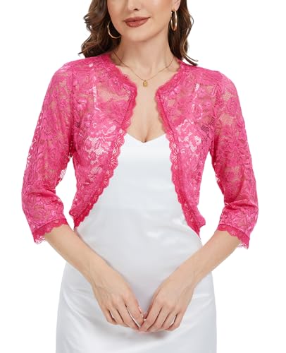 Women's Lace Bolero Shrug Top 3/4 Sleeve Sheer Summer Wedding Floral Elegant Open Front Cardigan for Dresses4