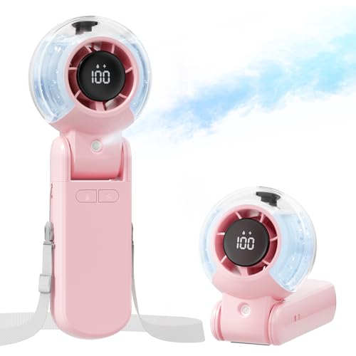 TriPole Misting Fan Portable Handheld Turbo Fan with Mist, LED Display, Neck & Desk Foldable High Speed Airflow Mini Fans, Rechargeable Personal Mister Fans with Water Spray Bottle for Outdoor Travel