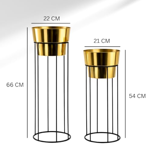 Image of Modern Metal Floor Planter Stand Set of 2 - Tall Gold & Black Indoor Plant Holders with Iron Stands for Living Room, Balcony, Office & Home Decor