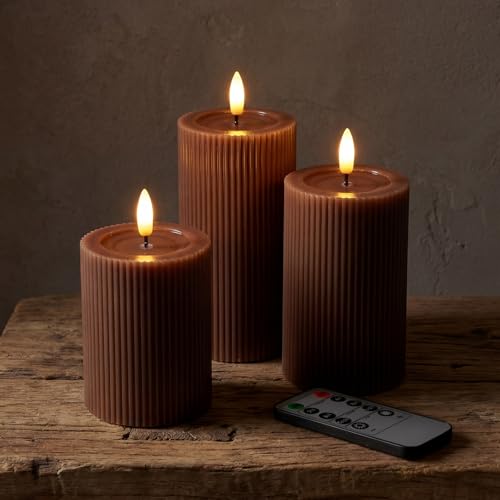 West Ivory Fluted Ribbed LED Pillar Candles Brown with Reflective Melted-Wax Effect Flickering Flame Remote Dimmable Flameless Battery Operated Home & Wedding Decor (Set of 3)