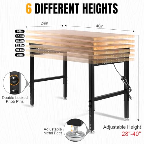 Image of 48 inch Lx24 inchW Adjustable Workbench, 28 inch-40 inchHeights Heavy Duty Table 2000 LBS Load Capacity, Work Bench with Power Outlet & Pegboard, Rubber Wood Work Table for Garage, Office, Workshop, Home