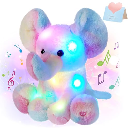 Glow Guards 12'' Musical Light up Rainbow Elephant Stuffed Animal,LED Singing Soft Wildlife Animal Plush Toy with Night Lights&Lullaby,Birthday Children's Day Hoilday Gift for Toddler Kids