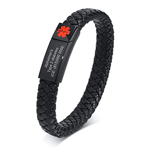 Personalised Medical Bracelet For Men - Free Engraving Braided Genuine Leather Medical ID Bangle with Stainless Steel Magnetic Clasp Men's Emergency Health Information Medical Alert Leather Wristband