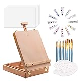 ART QIDOO Art Table Easel for Painting and Drawing, Adjustable Wood Easel Stand with Canvas, Acrylic Paint, Brushes and Palettes, Portable Painting Easel for Kids, Adults & Artists