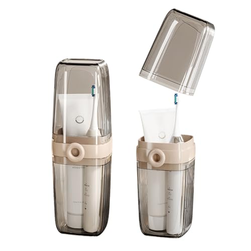 Topavatop Toothbrush Travel Case 2 in 1 Toothbrush Holder and Rinse Cup Large Capacity Toothbrush Cup with Cover Portable Travel Toothbrush Holder for Traveling Camping Trip - 1Pcs - Beige&Clear