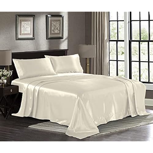 Pure Bedding Satin Sheets Queen [4-Piece, Ivory] Hotel Luxury Silky Bed Sheets Extra Soft 1800 Microfiber Sheet Set, Wrinkle, Fade, Stain Resistant Deep Pocket Fitted Sheet Flat Sheet Pillow Cases