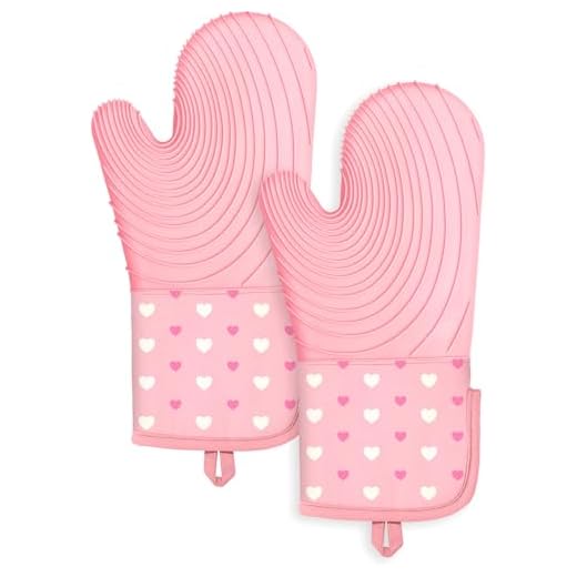 Slohif Long Silicone Oven Mitts Heat Resistant for Women - 2 Pcs Heart 100% Cotton Oven Gloves, Non-Slip and Waterproof Silicone Oven Mitts with Hanger for Baking and Cooking