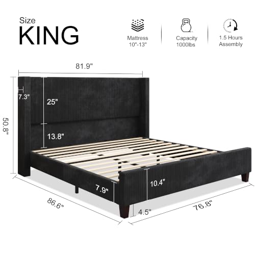 Image of HOWE King Size Bed Frame with 50.8 Inch Corduroy Wingback Headboard, Black | Modern Upholstered Platform Bed, Solid Wood Slats, No Box Spring Needed, Noise-Reducing Design