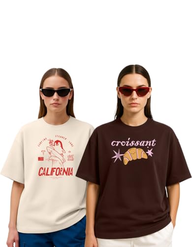 Image of Women's Oversized Cotton Blend Graphic T-Shirt Combo (Pack of 2) | Baggy Fit, Drop Shoulder, Half Sleeves | Sizes S to 2XL