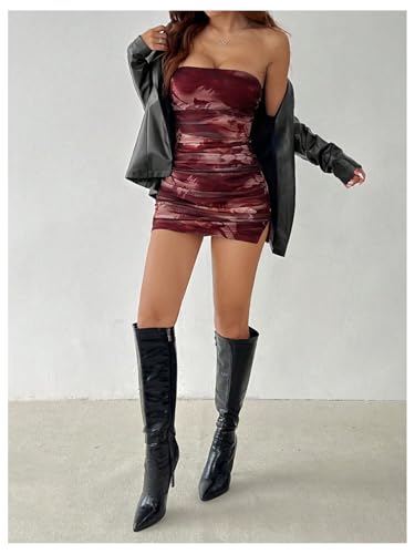 Milumia Women's Floral Print Strapless Bodycon Mini Dress Mesh Ruched Tube Top Dresses3