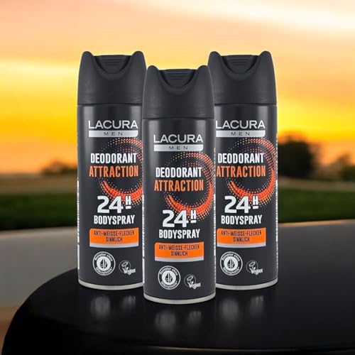 Deodorant Bodyspray Attraction | 3er-Pack Deospray für Männer | 24h Schutz, sinnlicher Duft & Anti-weiße-Flecken Formel | Veganes Deodorant ohne Mikroplastik (Lacura)