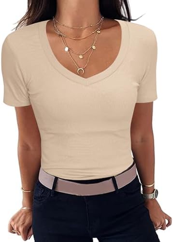 Aottori T-Shirt Damen V-Ausschnitt Gerippt Basic Top Kurzarm Sommer | Rippshirt, Oberteile, Slim Fit, Stretch, Eng, Elegant, Casual, Einfarbig, für Alltag Freizeit Büro