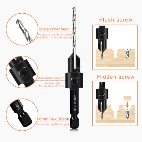 8 Pack Woodworking Countersink Drill Bits Set 3in1, Heavy Duty 6542 Pilot Drill Bits Depth Adjustable, 82-Degree Chamfer, 6mm Hex Shank, for #4#6#8#10#12#14 Screws in Soft & Hard Wood 4 8 Pack Woodworking Countersink Drill Bits Set 3in1, Heavy Duty 6542 Pilot Drill Bits Depth Adjustable, 82-Degree Chamfer, 6mm Hex Shank, for #4#6#8#10#12#14 Screws in Soft & Hard Wood - Image 4