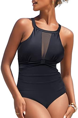 I2CRAZY Women Swimsuit One Piece High Cut See Through Back Monokini Swimwear Mesh Ruched Swimsuits - L, Black
