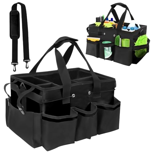 Qivine 清掃用品収納バッグ 大容量 工具バッグ 掃除道具入れ ツールバッグ 多機能ポケット 防水清掃トートバッグ 2way 手提げと肩掛け 取り外し可能な仕切り 作業用バッグ 小物入れ 洗車道具収納ケース エプロンウエストバッグ 高耐久 クリーニングキャディバッグ Cleaning Caddy Bag (ブラック)