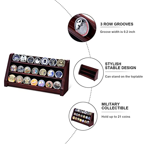 ASmileIndeep 3 Rows Wooden Challenge Coin Wall Display Stand - Military Coin Holder Army Coins Rack, Holds 21-24 Coins, Mahogany by ASmileIndeep - Image 3