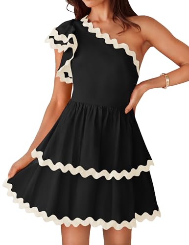 ZESICA Women's 2025 Summer One Shoulder Dresses Ruffle Short Sleeve Tiered Layered Swing A Line Mini Sundress