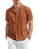 COOFANDY Men's Casual Button Down Shirt Short Sleeve Textured Summer Cuban Beach Shirts Brown