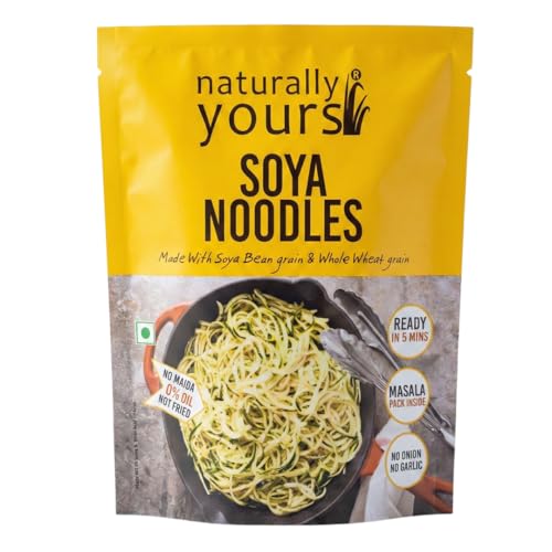 Naturally Yours Soya Noodles | Made with Non-GMO Soybean & Wheat Protein | No Maida, No Onion No Garlic, 100% Jain Friendly, Non-Fried, Vegan, Preservative Free, No MSG | High Protein & Fiber | Tastemaker Included | 180g (Pack of 1)