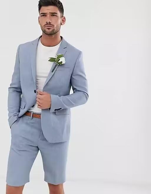 Mens Linen Suit 2 Piece Shorts Suits Slim Fit Wedding Casual Summer Beach Prom Tuxedo Blazer Short Pants Set2