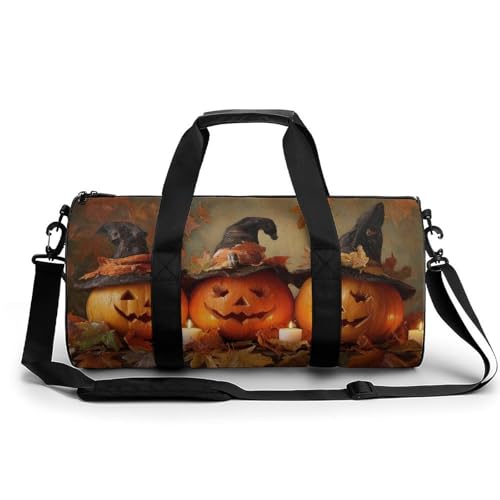 Pumpkins Witch Hats Candles Autumn Leaves Travel Gym Bag for Women Men Cylindrical Duffle Bag Sport Workout Bag with Shoulder Strap