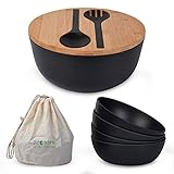 ECOWAY Bamboo Fiber Salad Set with Lid,9.8 inches Large Salad Bowl with 4 Small Bowls and Servers,...