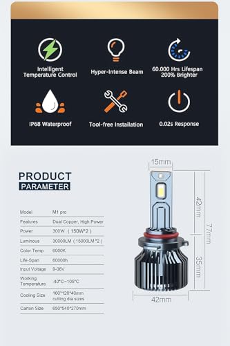 Image of Oshotto M1 Series H4 /H19 300 Watt (150W+150W) LED Headlight /Foglight Bulb, 30000Lumens 6500K Cool White, with 2 Year Warranty compatible with Chevrolet Beat (Pack of 2)