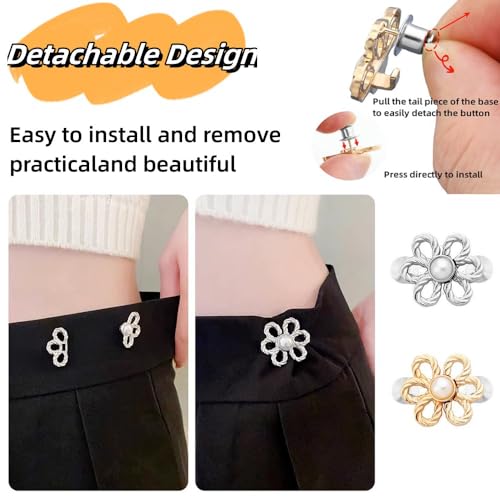 2 Sets Pant Waist Tightener, Adjustable Buttons Pins for Loose Jeans, No Sewing Waistband Extenders Pants Clips for Women Skirt (Flower)