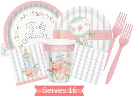 Farmhouse Floral Baby Shower Supplies - Rustic Baby Shower Plates and Napkins Cups & Forks for 16 People - Perfect Rustic Farmhouse Floral Baby Shower Supplies & Pink and Grey Baby Shower Decorations!