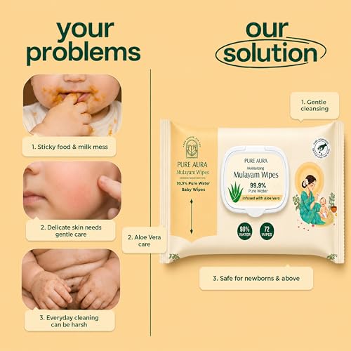 Image of Pure Aura Baby Mulayam Wipes 72 Pulls, Pack of 3 - Doctor Recommended 99.9% Pure Water Wipes with Aloe Vera | Ultra Soft, Thick & Plant-Based | Gentle for Newborns & Sensitive Skin