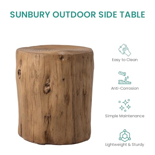 SUNBURY Outdoor Side Table Set of 2, Tree Stump Side Table Light Oak Colored Faux Wood, Wood Stump Stool, Ottoman or Plant Stand, Deck or Garden
