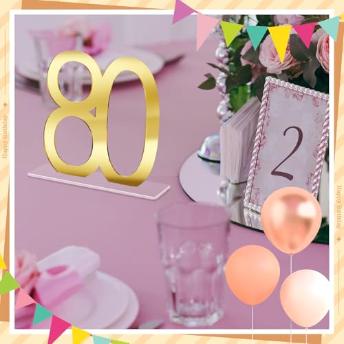 Image of Threehoney 12 Pcs Mirror Gold 80th Birthday Decorations for Men and Women Acrylic Anniversary Decorations Table Numbers Centerpieces for Birthday Party