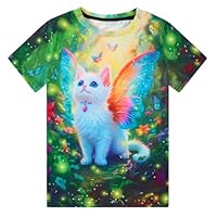 Funnycokid Girls Shirts Cat T Shirt Size 7-8 Kids Animal Print Clothes Short Sleeve Green Tee 7 8 Years Butterflies