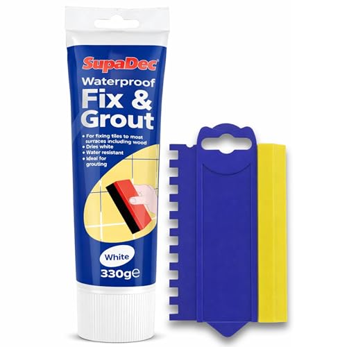 Decex Tile Fix & Grout Repair Kit 330g – Ready Mixed Waterproof Tile Adhesive & Grout with Grout Spreader Tool – White Grout Repair Kit for Bathroom, Kitchen Wall & Floor Tile Repairs