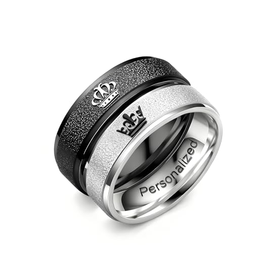 Ihanskio Anillos de pareja Promsie a juego, color negro, con la corona de su rey y su reina, grabados, mate, anillos de compromiso y boda de acero de titanio, Metal (Negro/Plata-6mm)
