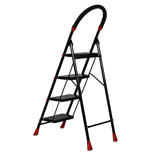 Image of FLIPZON Halo Foldable 4 Step Ladder for Home and Office Use | Alloy Steel | Wide Steps | Wobble-Free | Skid-Free Steps | Durable Safety Ladder | Rust Free | Anti-Skid (Black)