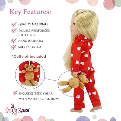 Emily Rose 14 Inch Fashion Doll Clothes - 6-PC Red/White Clothing Bundle. Including Tutu Set & PJ Pajamas Gift Set with Teddy Bear - USA Business - Compatible with Wellie Wishers Dolls