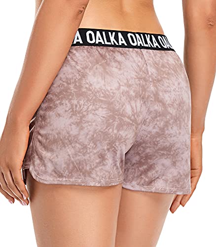 Oalka Short feminino de corrida, treino, fitness, bolsos laterais, shorts de academia, Tie Dye Cáqui