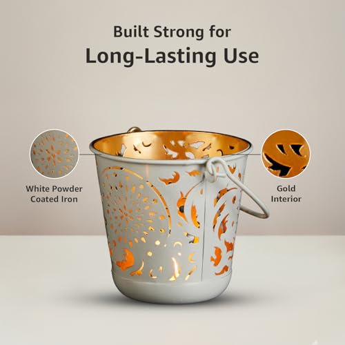 Image of Amazon Brand - Solimo Tea Light Votive - Round Shape with Handle, White Powder-Coated Iron with Gold Interior, Set of 2 (Size: L-11 cm x W-11 cm x H-10 cm)
