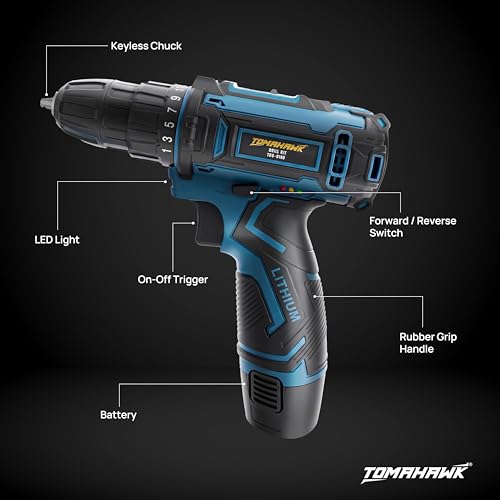 Image of TOMAHAWK TDS-9150 12V Cordless Drill /Screwdriver Kit | 10mm Keyless Chuck | 2-Speed (350 /1350 RPM) | 1.5Ah Single Battery | LED Light | 25+1 Torque | Drill & Screwdriver Bit Set for Home, DIY